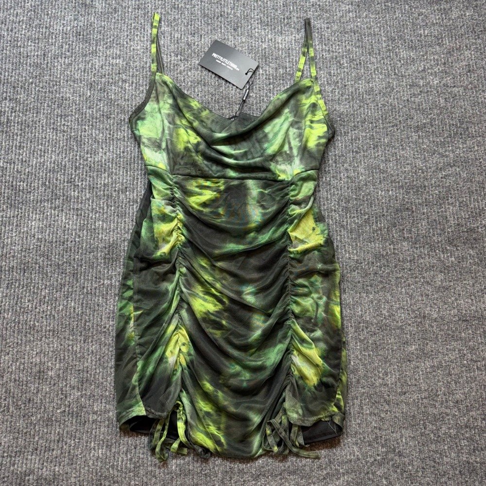 PrettyLittleThing Womens‎ USA 12 Green Tie Dye Ruched Bodycon Mini Dress NEW NWT